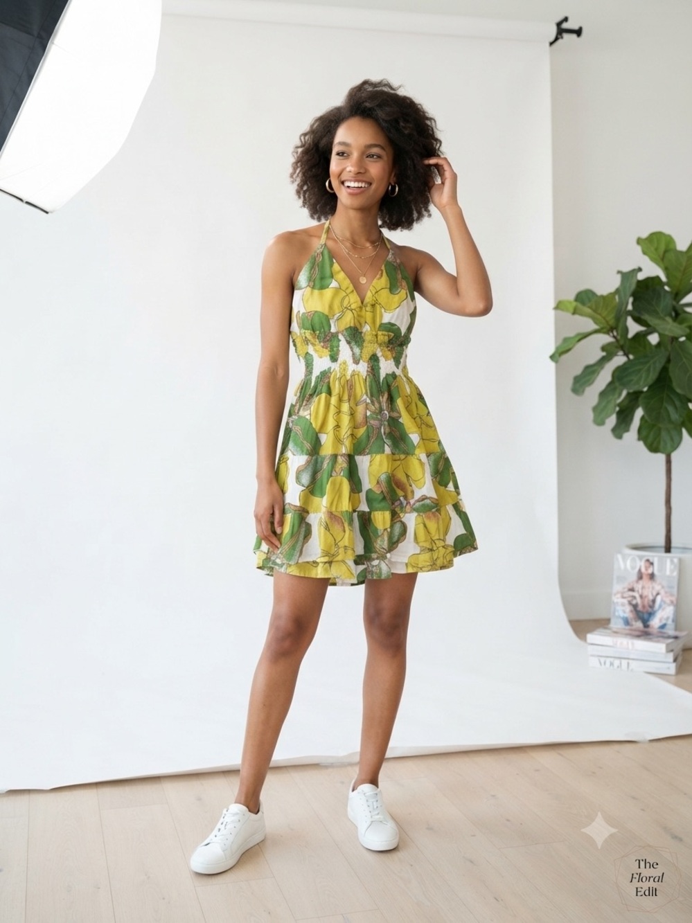Women's Yellow Green Halter Floral Mini Dress. Size M
